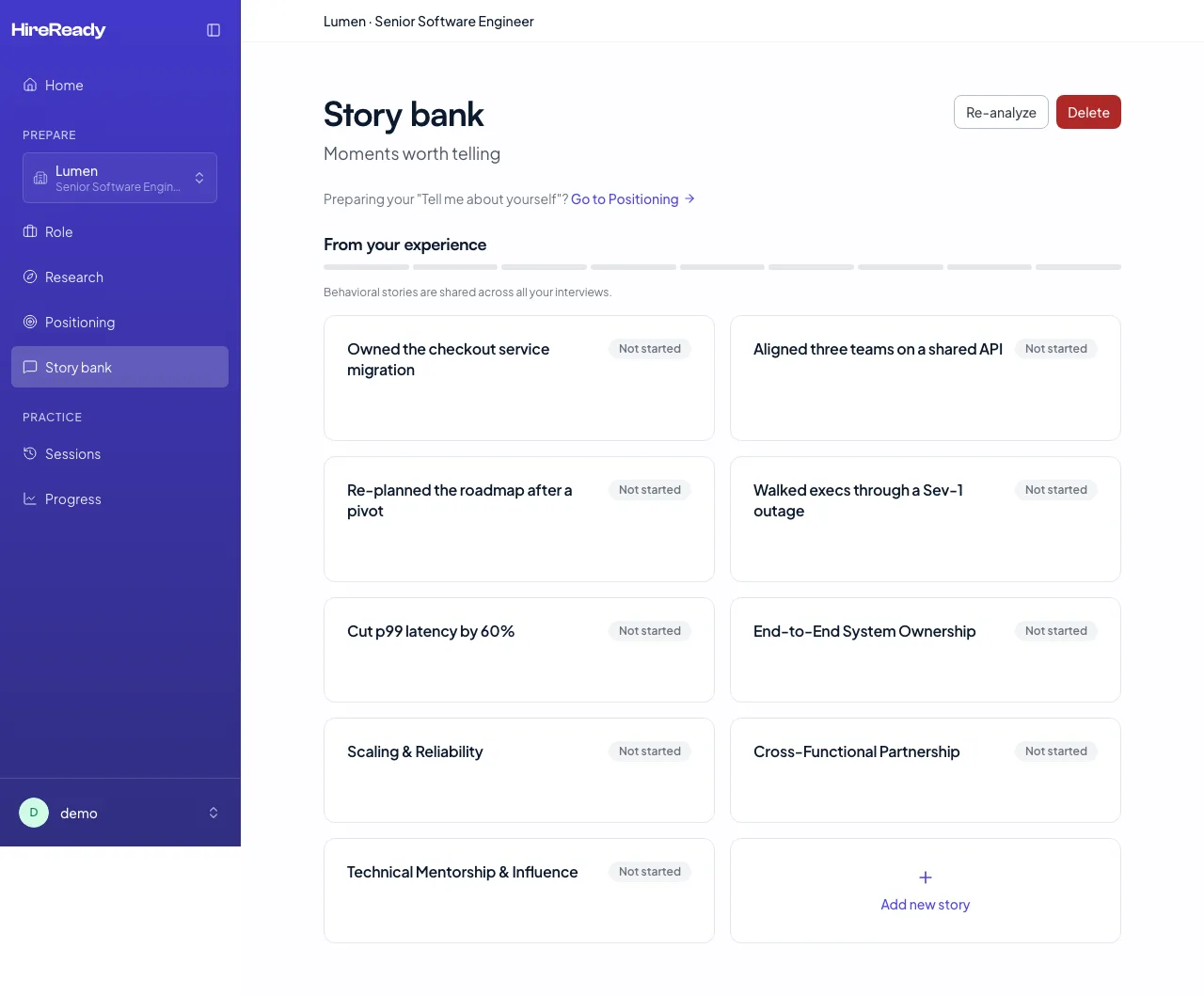 HireReady story bank — behavioral stories organized by competency
